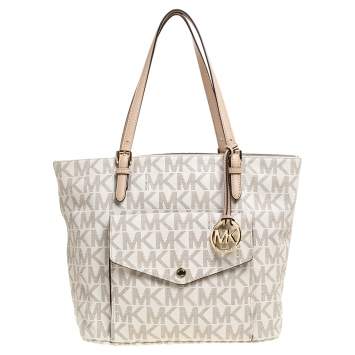 Pre Owned Michael Kors White/Beige Signature Coated Canvas and Leather Jet Set Pocket Tote