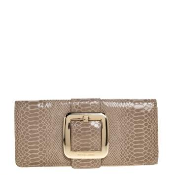 Pre Owned Michael Michael Kors Light Olive Python Effect Leather Sutton Clutch