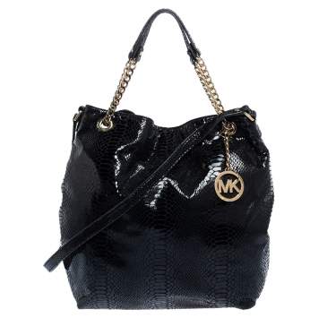 Pre Owned Michael Kors Black Python Effect Patent Leather and Suede Chain Shoulder Bag