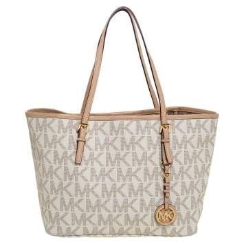 Pre Owned Michael Kors Off White Signature Coated Canvas and Leather Travel Tote
