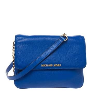Pre Owned Michael Kors Blue Leather Jet Set Flap Crossbody Bag