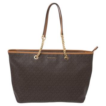 Pre Owned Michael Kors Brown Signature Coated Canvas Jet Set Tote