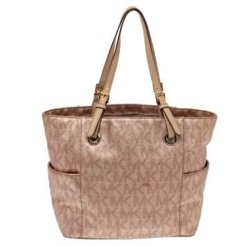 Pre Owned MICHAEL Michael Kors Rose Gold Signature Leather Jet Set East West Tote
