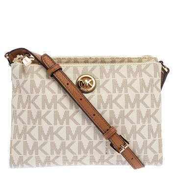 Pre Owned Michael Kors White/Tan Monogram Coated Canvas and Leather Crossbody Bag