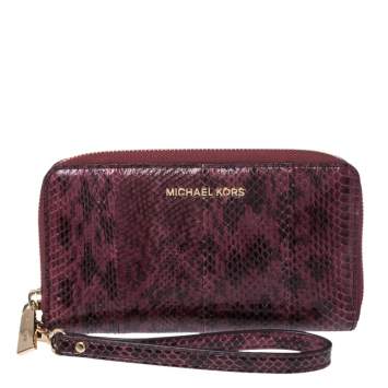 Pre Owned Michael Kors Burgundy Python Zip Around Wristlet Wallet