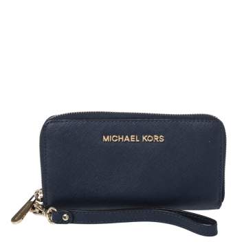 Pre Owned Michael Kors Navy Blue Leather Zip Around Wristlet Wallet