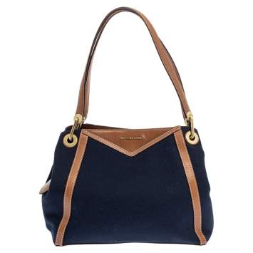 Pre Owned Michael Kors Blue/Brown Denim and Leather Large Raven Shoulder Bag