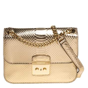 Pre Owned Michael Kors Gold Python Effect Patent Leather Sloan Chain Shoulder Bag