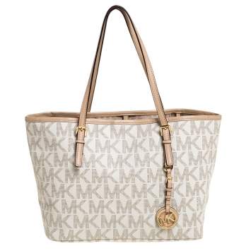 Pre Owned Michael Kors White/Beige Coated Canvas and Leather Small Jet Set Tote
