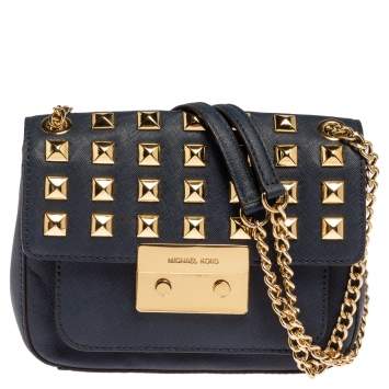 Pre Owned  Michael Kors Navy Blue Leather Studded Sloan Shoulder Bag