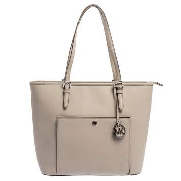 Pre Owned Michael Kors Grey Leather Jet Set Snap Pocket Tote