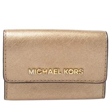 Pre Owned Michael Kors Metallic Gold Leather Flap Card Holder