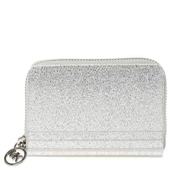 Pre Owned Michael Kors Silver Glitter Acrylic Za Barbara Zip Around Coin Purse