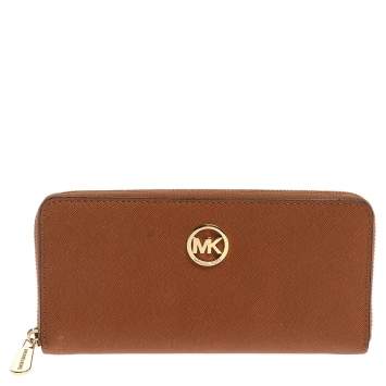 Pre Owned Michael Kors Tan Saffiano Leather Travel Zip Around Continental Wallet