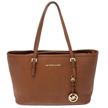 Pre Owned Michael Kors Brown Saffiano Leather Jet Set Middle Zip Tote