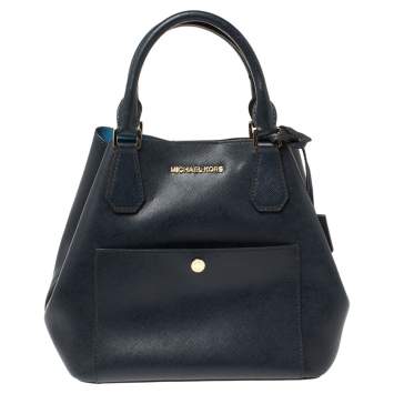 Pre Owned Michael Kors Navy Blue Leather Front Pocket Tote