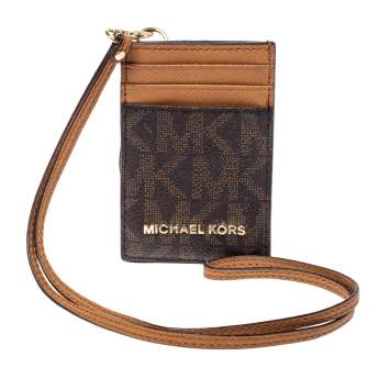 Pre Owned Michael Kors Brown Signature Coated Canvas Lanyard ID Card Holder