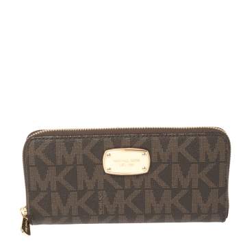 Pre Owned Michael Kors Brown Monogram Coated Canvas Zip Around Wallet