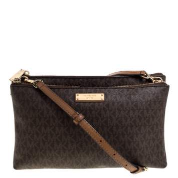 Pre Owned Michael Kors Brown Signature Coated Canvas Double Zip Crossbody Bag