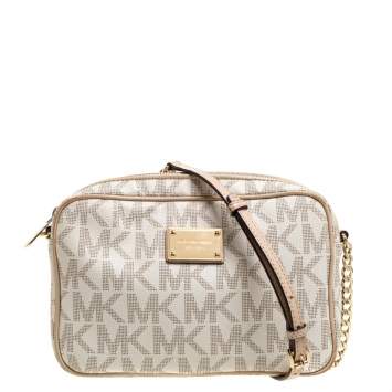 Pre Owned Michael Kors White/Beige Signature Coated Canvas East/West Crossbody Bag