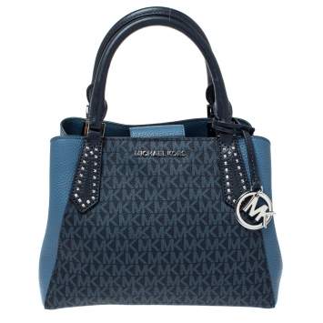 Pre Owned Michael Kors Two Tone Blue Signature Coated Canvas and Leather Kimberly Studded Satchel