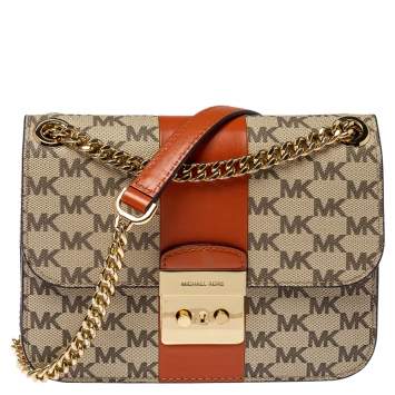 Pre Owned Michael Kors Beige/Tan Signature Coated Canvas and Leather Medium Sloan Editor Chain Bag