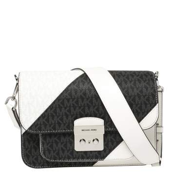 Pre Owned Michael Kors White/Black Signature Coated Canvas and Leather Large Sloan Editor Colorblock Chain Bag
