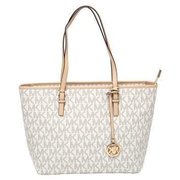 Pre Owned Michael Kors White/Beige Coated Canvas and Leather Medium Jet Set Tote