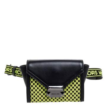 Pre Owned Michael Kors Black/Neon Green Leather Mini Whitney Checkerboard Belt Bag