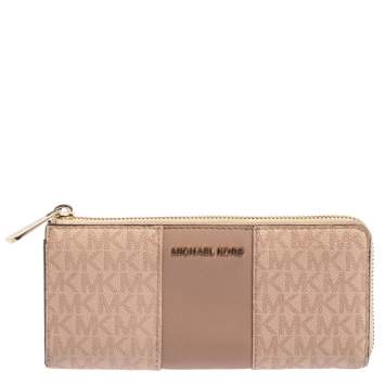 Pre Owned Michael Kors Pink Signature Leather Zip Around Wallet