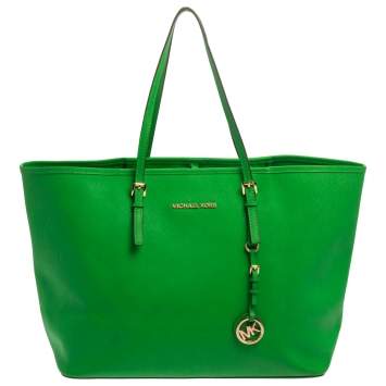 Pre Owned Michael Kors Green Saffiano Leather Jet Set Travel Tote