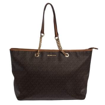 Pre Owned Michael Kors Brown Signature Coated Canvas Jet Set Travel Chain Tote