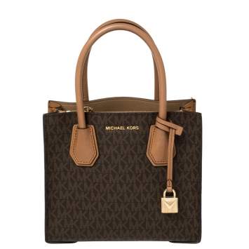 Pre Owned Michael Kors Two Tone Brown Signature Coated Canvas and Leather Mini Mercer Tote