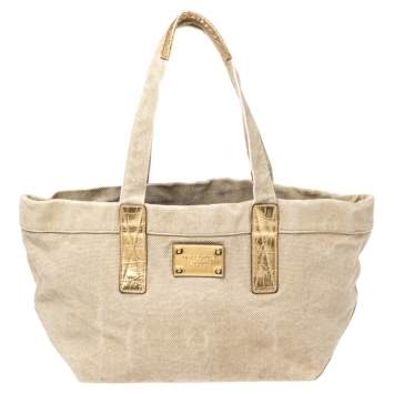 Pre Owned Michael Kors Beige/Gold Canvas and Croc Embossed Leather Tote