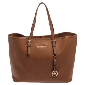 Pre Owned Michael Kors Brown Saffiano Leather Large Jet Set Travel Tote
