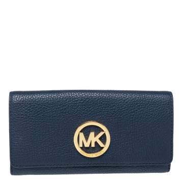 Pre Owned Michael Kors Navy Blue Leather Fulton Flap Continental Wallet
