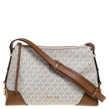 Pre Owned Michael Kors White Signature Coated Canvas and Leather Medium Crosby Messenger Bag