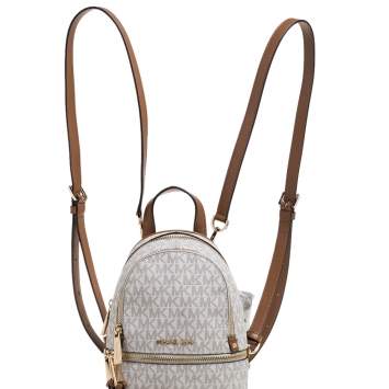 Pre Owned Michael Kors White/Tan Signature Coated Canvas and Leather Mini Rhea Backpack