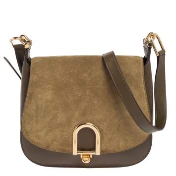 Pre Owned Michael Kors Olive Green Suede and Leather Delfina Saddle Bag