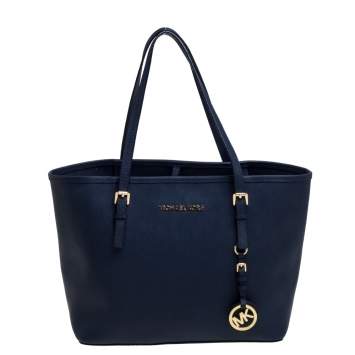 Pre Owned Michael Kors Navy Kors Saffiano Leather Tarvel Jet Set Tote