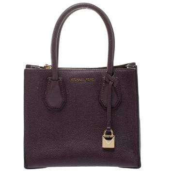 Pre Owned Michael Kors Plum Textured Leather Mini Mercer Tote