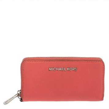 Pre Owned Michael Kors Pink Leather Zip Around Wristlet Wallet