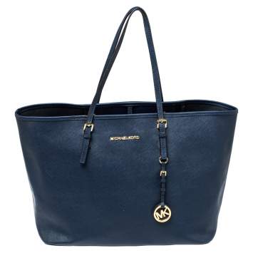 Pre Owned Michael Kors Navy Blue Leather Large Jet Set Travel Tote
