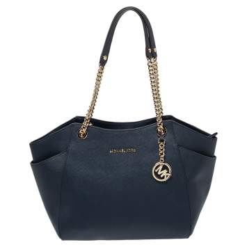 Pre Owned Michael Kors Navy Blue Leather Jet Set Travel Chain Tote
