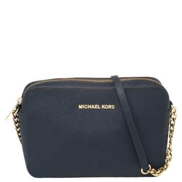 Pre Owned Michael Kors Navy Blue Leather Jet Set Camera Crossbody Bag