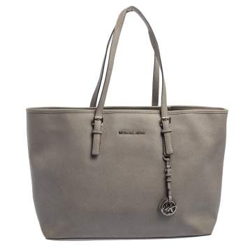 Pre Owned Michael Kors Grey Saffiano Leather Large Jet Set Middle Zip Tote