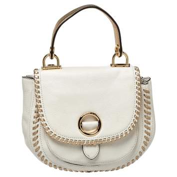 Pre Owned Michael Kors White/Gold Leather Isadore Stitch Top Handle Bag