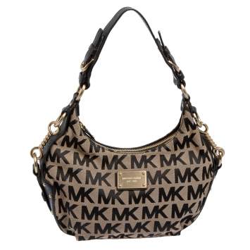 Pre Owned Michael Kors Beige/Black Signature Canvas and Leather Hobo