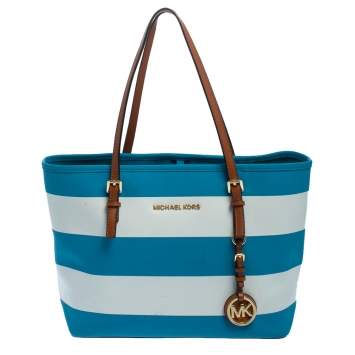 Pre Owned Michael Kors Blue/White Striped Coated Canvas Travel Jet Set Tote
