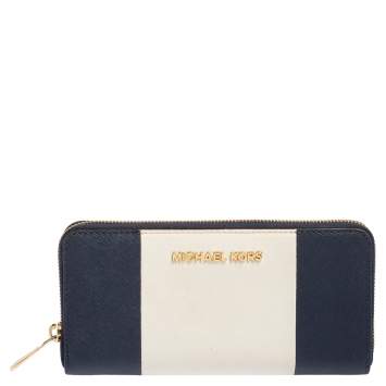 Pre Owned Michael Kors White/Blue Leather Jet Set Zip Around Wallet